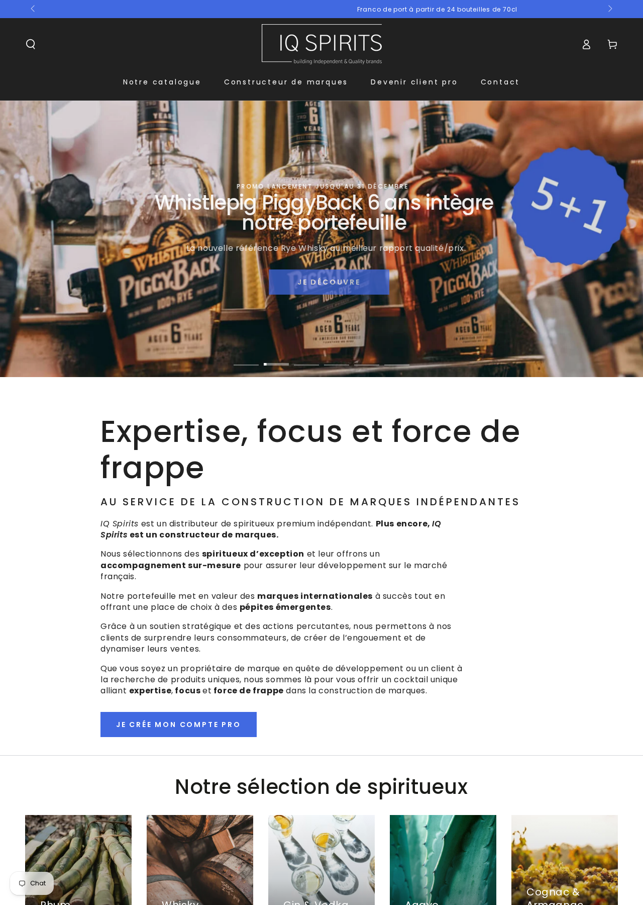 Page d’accueil du site IQ Spirits, distributeur de spiritueux premium