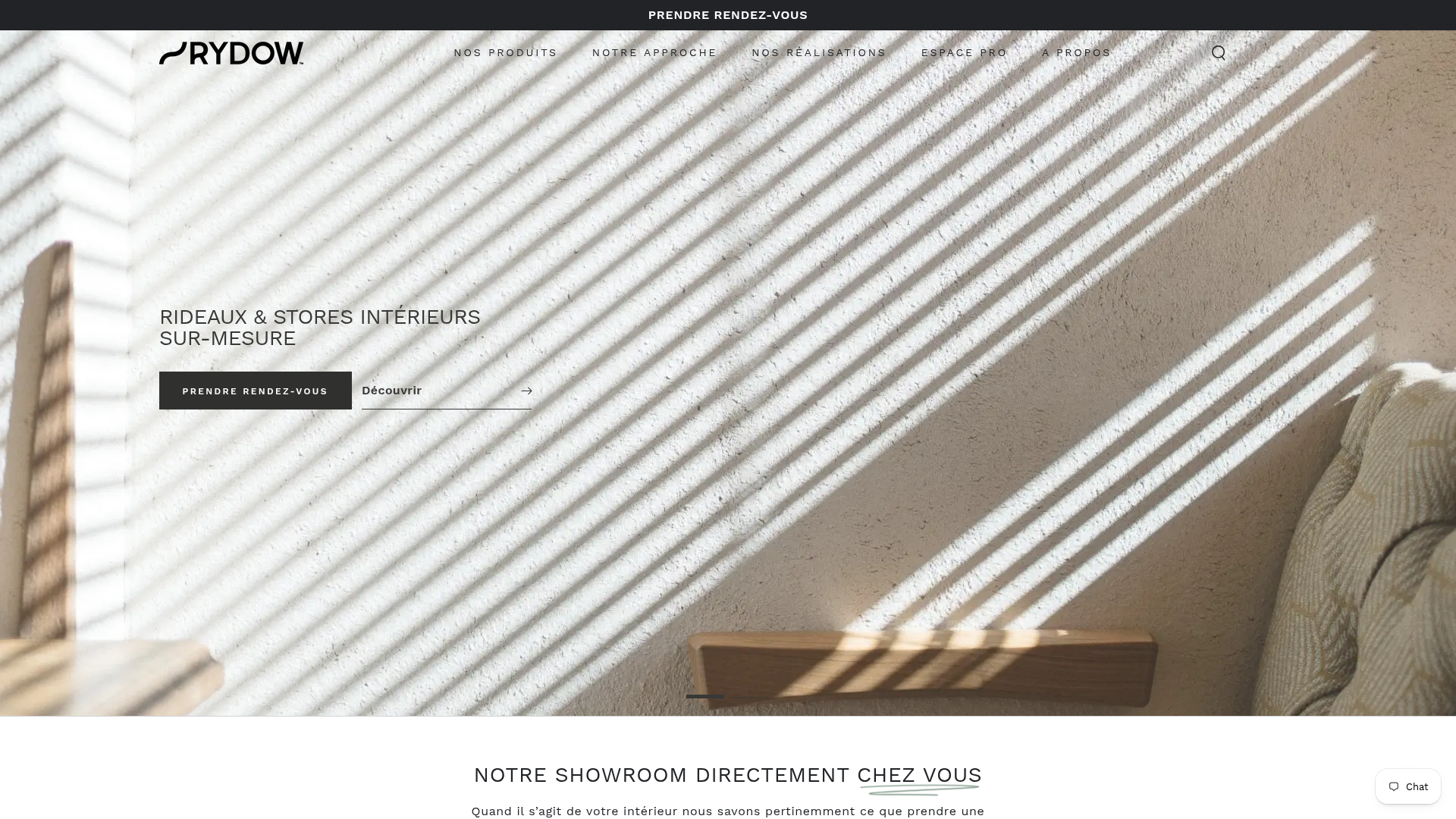 Page d’accueil du site Rydow, spécialiste des rideaux et stores intérieurs sur mesure